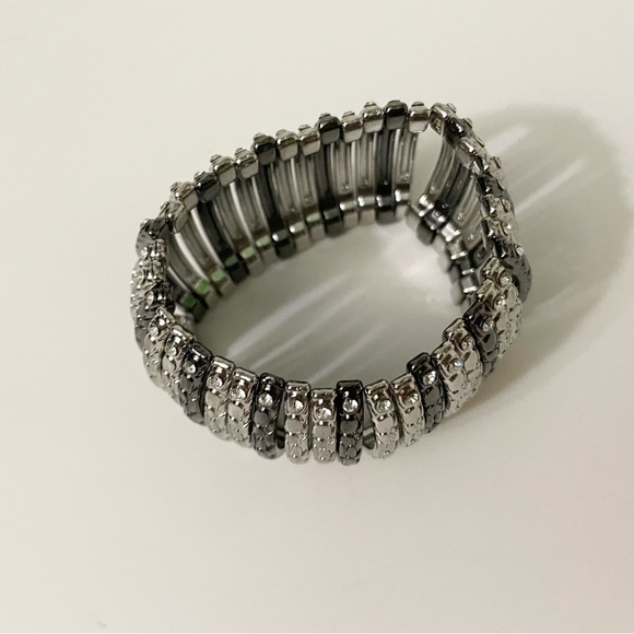 Gunmetal and Silver Tone Stretch Cuff Bracelet - Picture 2 of 14